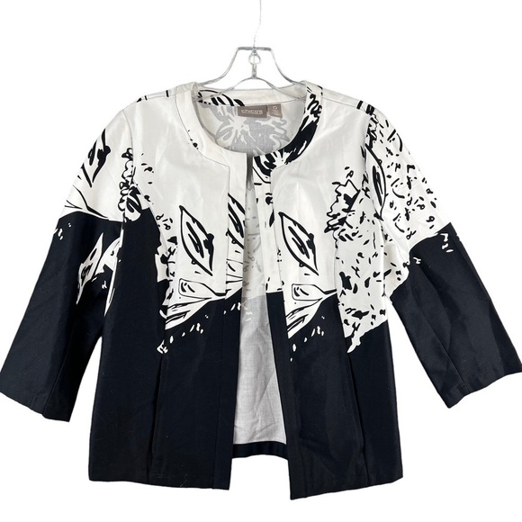 Chicos Blazer 0 Small Black & White  Leah Print Open Front 3/4 Sleeve EUC - Picture 1 of 6
